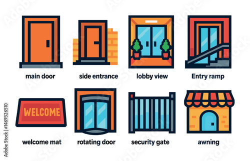 Entryway and accessibility icons set – flat, welcoming, security symbols