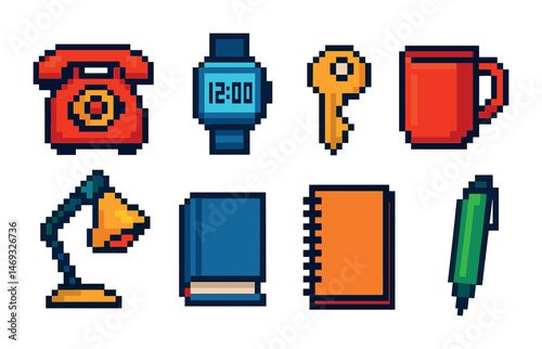 Office essentials pixel art icons set – retro style, workspace symbols, digital assets