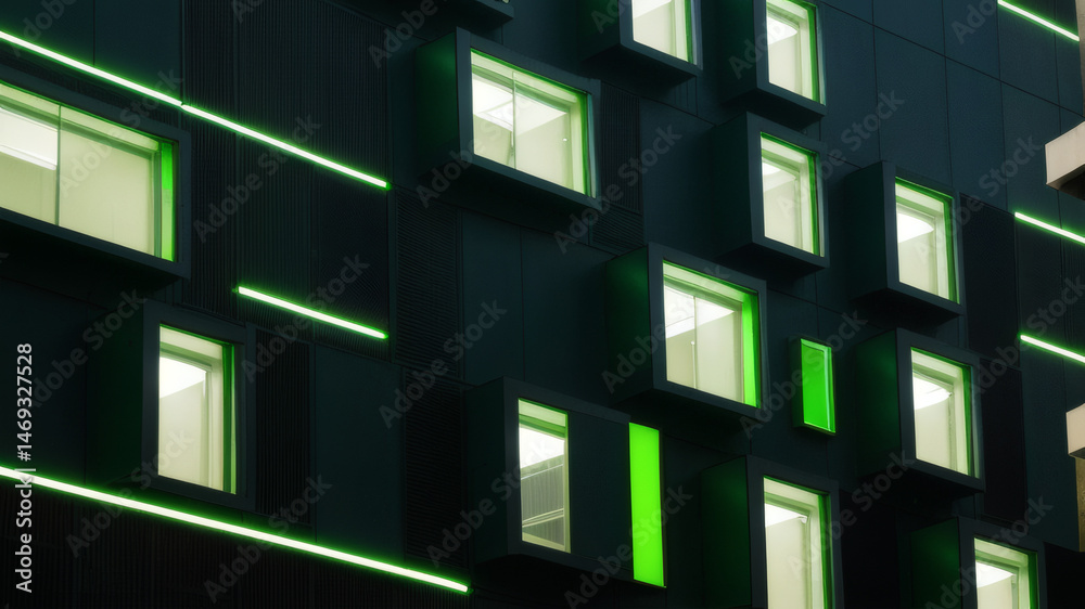 Obraz premium Modern Building Facade with Green Illuminated Windows at Night