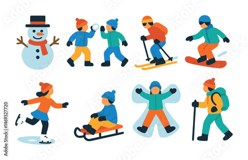 Winter sports flat icons set – skiing, snowboarding, outdoor adventure symbols
