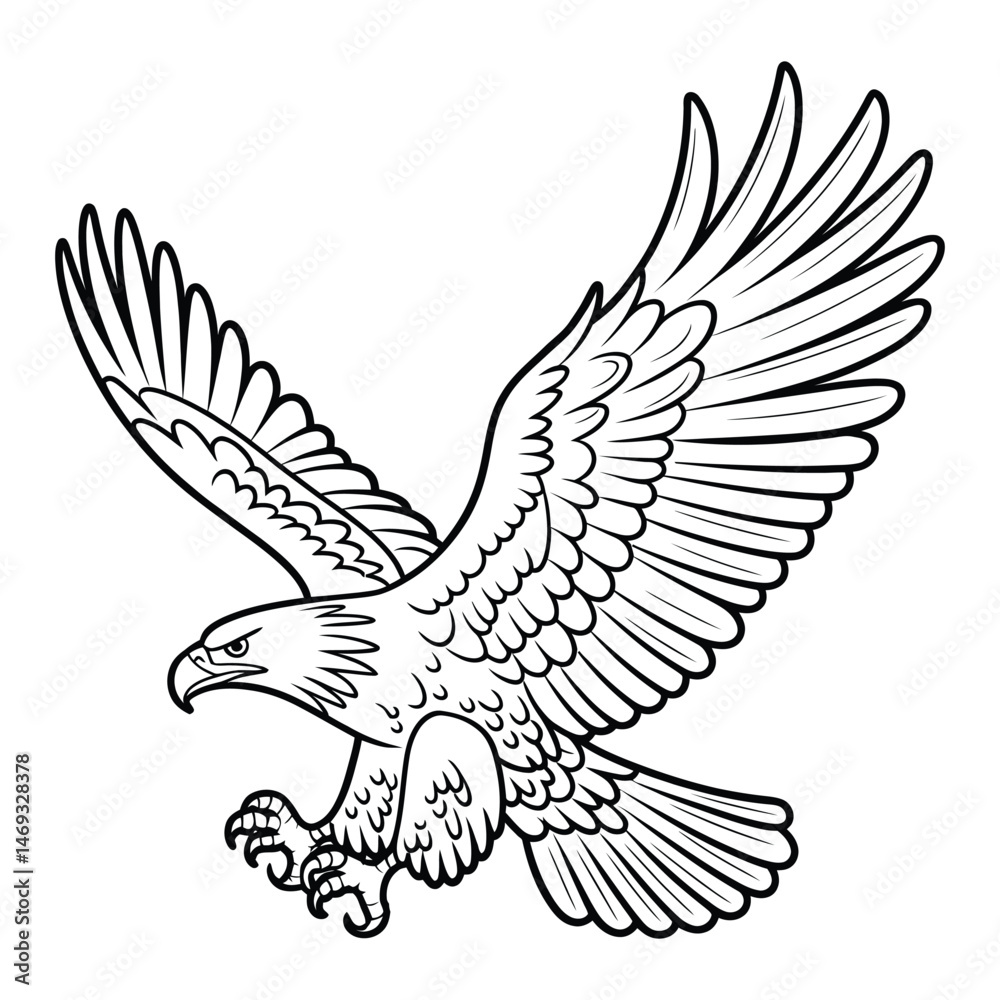 Obraz premium Eagle soaring Coloring Page, Silhouette, Vector, Illustration, Icon, Logo, White Background.