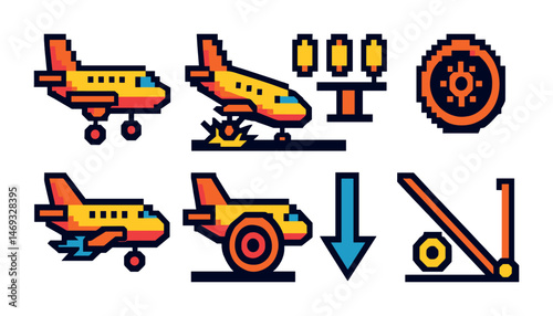 Aviation and airport pixel art icons set – isometric, airline, travel symbols