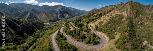 Obraz na płótnie Stunning Aerial View of a Winding Switchback Road Through Lush Mountains in Mid-Afternoon Light Generative AI w salonie