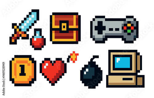 Retro gaming pixel art icons set – 3d, filled, video game symbols