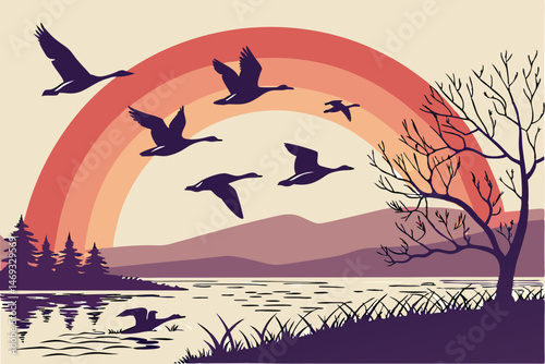 85 birds flying over water at sunset, flock of geese against colorful sky, dramatic silhouetted waterfowl in scenic landscape, dramatic avian flight composition, nature wildlife scene, ethereal atmosp