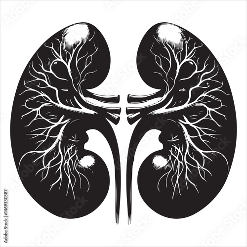 Black silhouette of two human kidneys with veins and arteries, anatomically detailed on a white background 