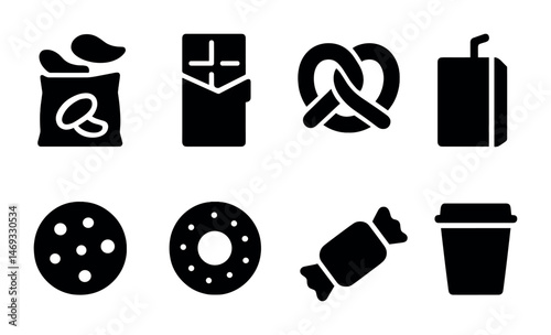 Snack and food solid icons set – filled, silhouette, treats and beverage symbols