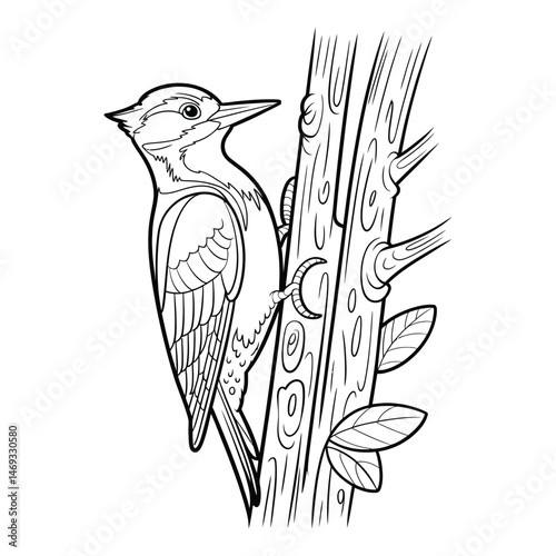 Woodpecker on tree trunks Coloring Page, Silhouette, Vector, Illustration, Icon, Logo, White Background.