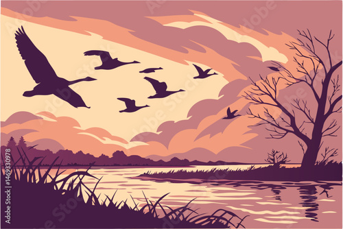 85 birds flying over water at sunset, flock of geese against colorful sky, dramatic silhouetted waterfowl in scenic landscape, dramatic avian flight composition, nature wildlife scene, ethereal atmosp