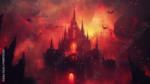 Fiery fantasy castle silhouette with bats against a cosmic red nebula