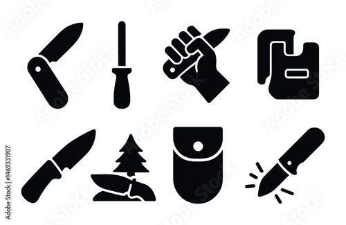 Camping and outdoor solid icons set – filled, silhouette, hiking and gear symbols