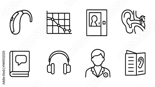 Hearing and audiology icons set – outline, linear, ear health and care symbols