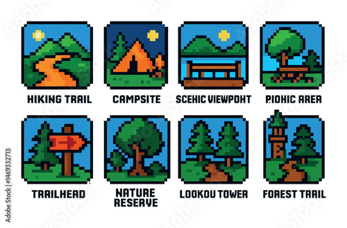 Hiking and nature pixel art icons set – campsite, trails, outdoor adventure