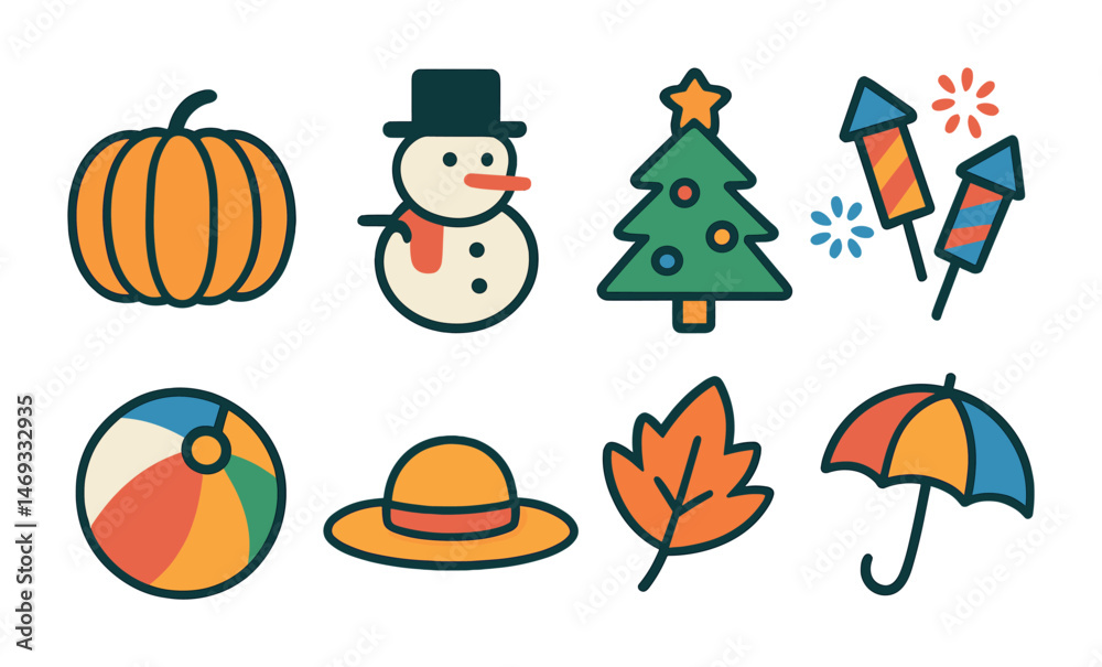 Fototapeta premium Festive season icons set – flat, filled, holiday and celebration symbols