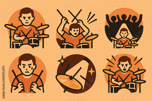 Music and drummer silhouette icons set – solid, line, percussion and band symbols