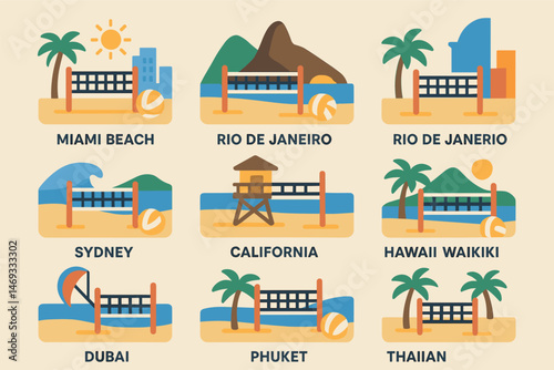 Beach and tourism flat icons set – travel, vacation, summer symbols