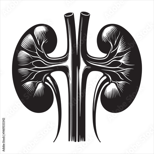 Black silhouette of two human kidneys with veins and arteries, anatomically detailed on a white background 