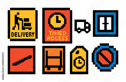 Logistics and delivery pixel art icons set – transportation, shipping symbols