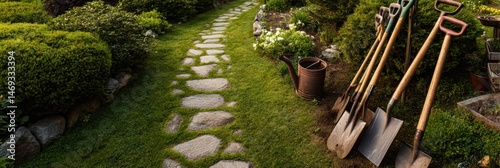 Pathway in a Garden With Gardening Tools on Grass Left for Maintenance and Beautification Efforts During a Sunny Afternoon Generative AI