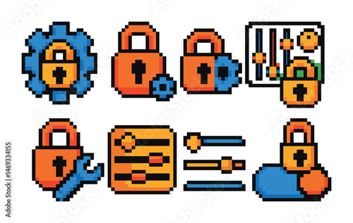 Cybersecurity and privacy icons set – pixel art, security, protection symbols