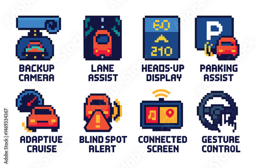 Car safety pixel art icons set – retro, vehicle, driving assistance graphics