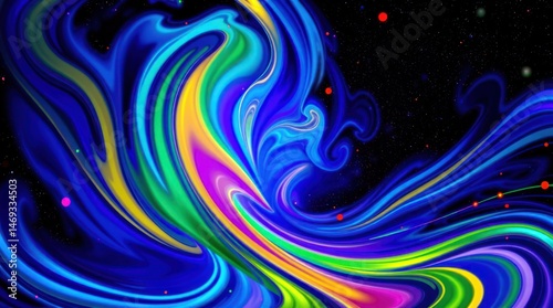 Vibrant, swirling abstract artwork with neon colors against a dark, speckled background