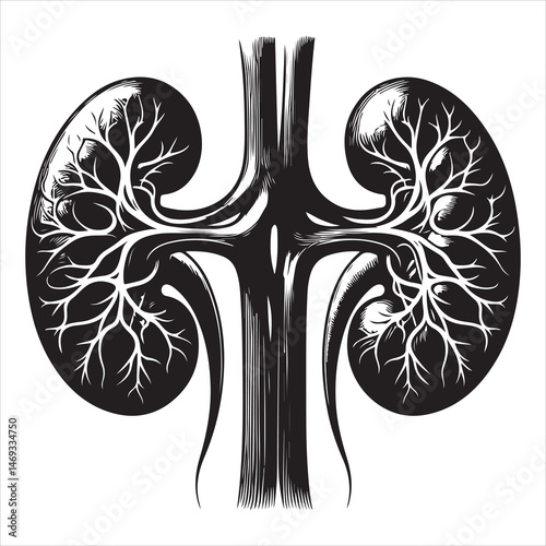 Black silhouette of two human kidneys with veins and arteries, anatomically detailed on a white background 