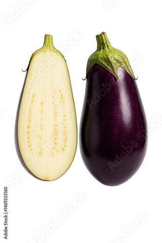 Whole and sliced fresh eggplant isolated on transparent background, perfect for food packaging, recipe illustrations or healthy eating promotions