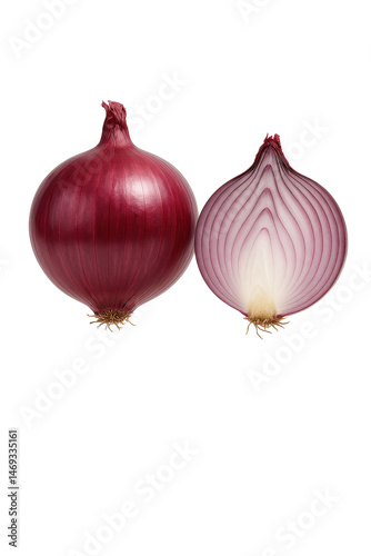 Whole and sliced red onion isolated on transparent background, perfect for food packaging, recipe books or culinary advertising
