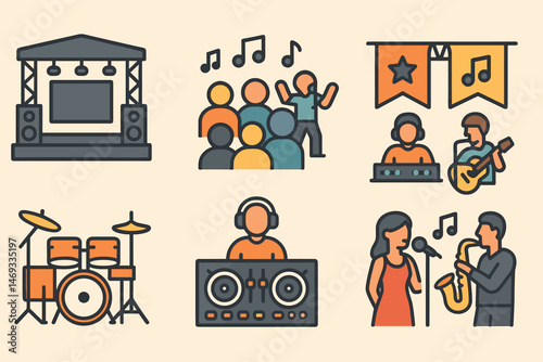 Music festival flat icons set – entertainment, concert, audio symbols