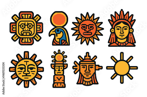 Aztec symbols icons set – filled, solid, ancient and cultural emblems collection