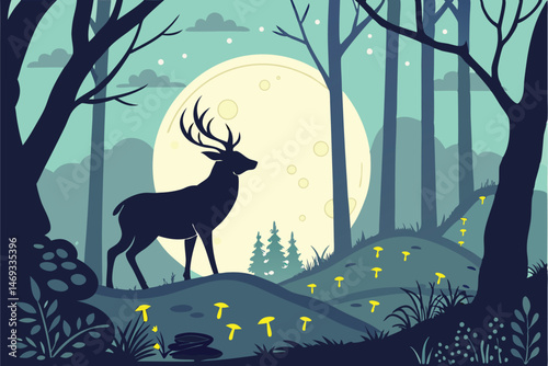 87 digital art, fantasy forest landscape, full moon, mystical deer silhouetted, glowing mushrooms, fireflies, vibrant colors, cinematic, highly detailed, 8k