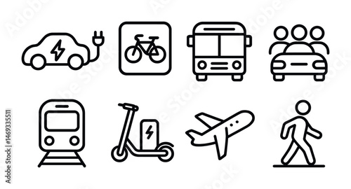 Transportation and mobility line icons set – linear, outline, travel and commute symbols