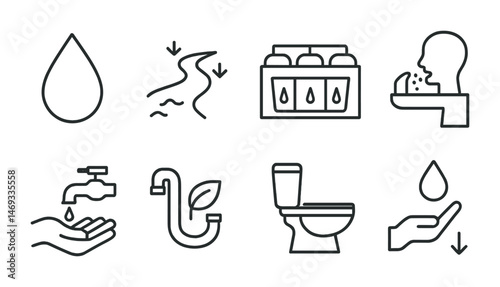 Water conservation linear icons set – save water, eco-friendly symbols