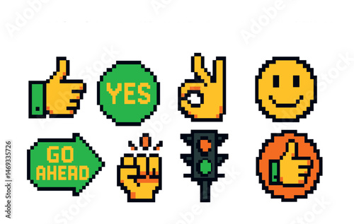 Retro pixel art icons for positive messages and signs