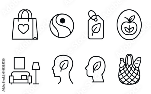 Eco-friendly outline icons set: line, sustainable, green living symbols