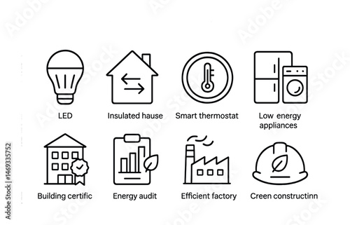 Sustainable energy solutions icons for eco-friendly homes and industry