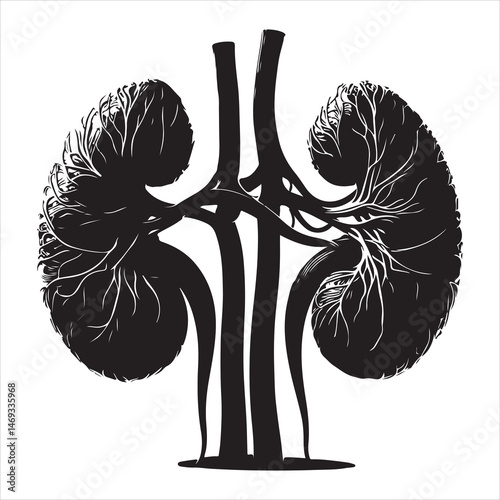 Black silhouette of two human kidneys with veins and arteries, anatomically detailed on a white background 