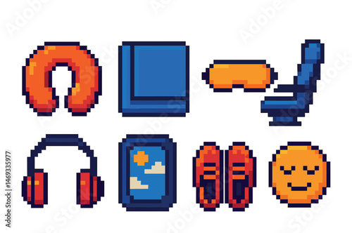 Travel accessories pixel art icons set – digital, retro, vacation symbols