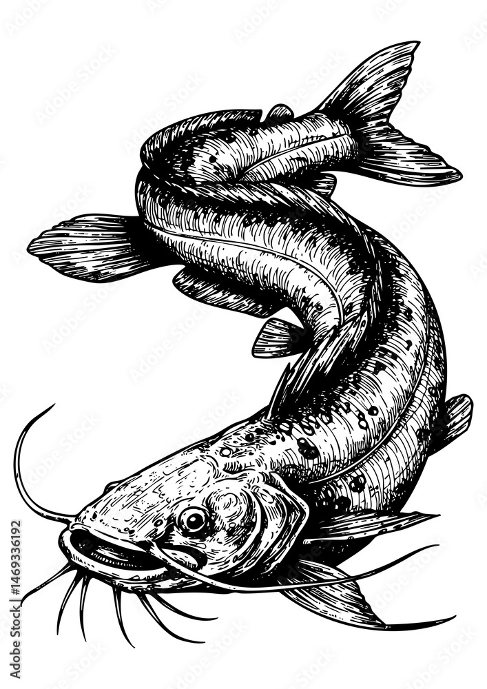 Obraz premium Detailed Traditional Ink Drawing of a Catfish