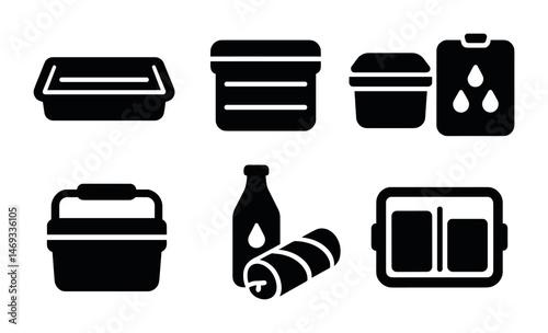 Food and beverage solid icons set – flat, filled, packaging and storage symbols