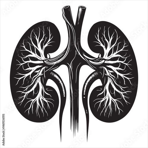 Black silhouette of two human kidneys with veins and arteries, anatomically detailed on a white background 