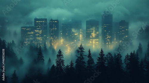 Fototapeta Naklejka Na Ścianę i Meble -  cool city lights in a misty forest background