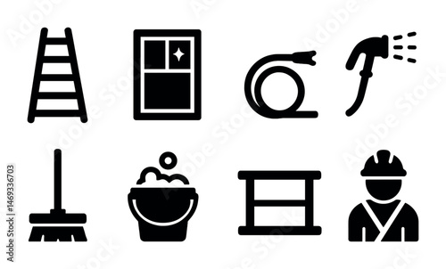 Cleaning and maintenance solid icons set – silhouette, tidy, tools and equipment