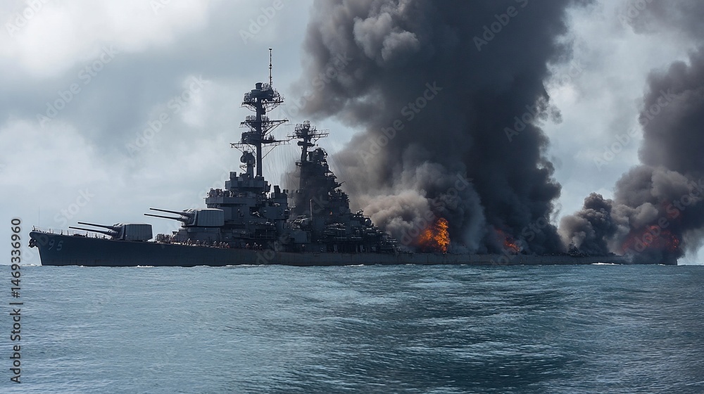 Fototapeta premium Naval vessel engulfed in flames at sea, creating a dramatic visual impact