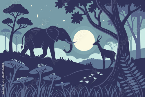 88 fantasy moon landscape, elephants in the wilderness, deer in the forest, glowing mushrooms, luminous flowers, starry night sky, dramatic lighting, digital art, highly detailed, 8k resolution