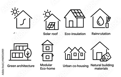 Eco-friendly housing outline icons set – green, sustainable, building symbols