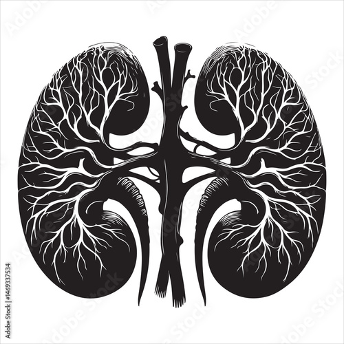 Black silhouette of two human kidneys with veins and arteries, anatomically detailed on a white background 