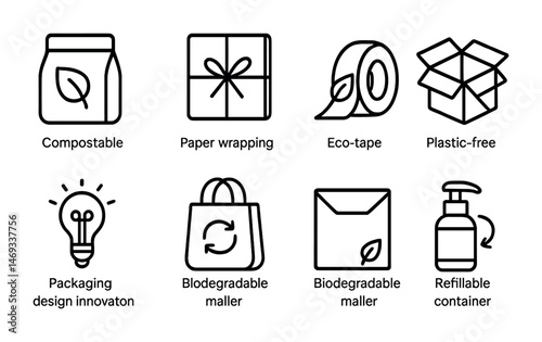 Sustainable packaging line icons set – recyclable, eco-friendly symbols for design
