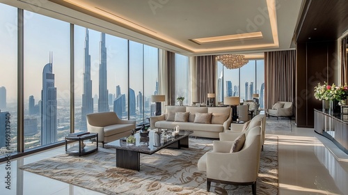 Luxurious penthouse interior showcasing Dubai skyline and refined elegance